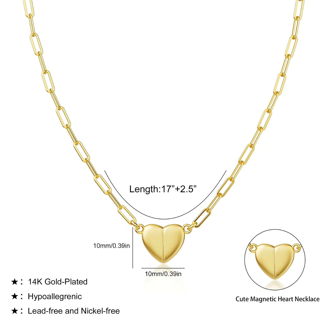 14K Gold Plated Magnetic Heart Necklace