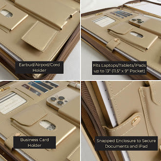 BLU MONACO Brown Vegan Leather Portfolio Binder for Women - Professional Padfolio Work Organizer with Gold Trim, Zippered Business Case for Documents