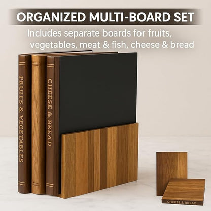 Bookshelf Cutting Board Set - Solid Acacia Wood - Stand Included