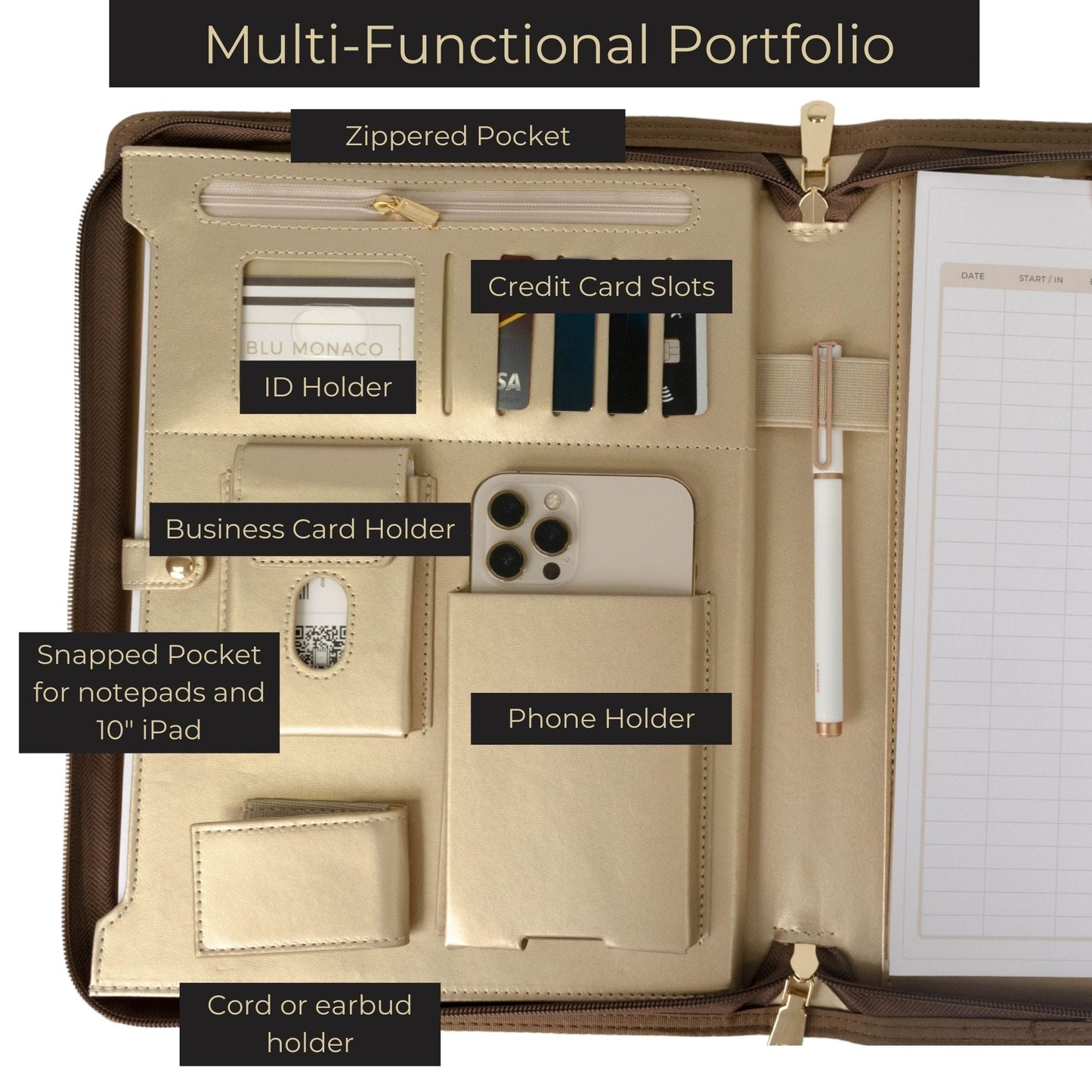 BLU MONACO Brown Vegan Leather Portfolio Binder for Women - Professional Padfolio Work Organizer with Gold Trim, Zippered Business Case for Documents