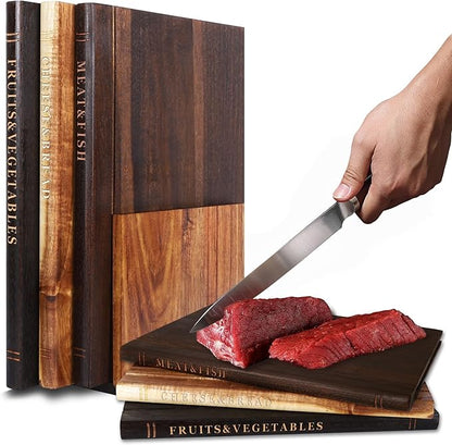 Bookshelf Cutting Board Set - Solid Acacia Wood - Stand Included