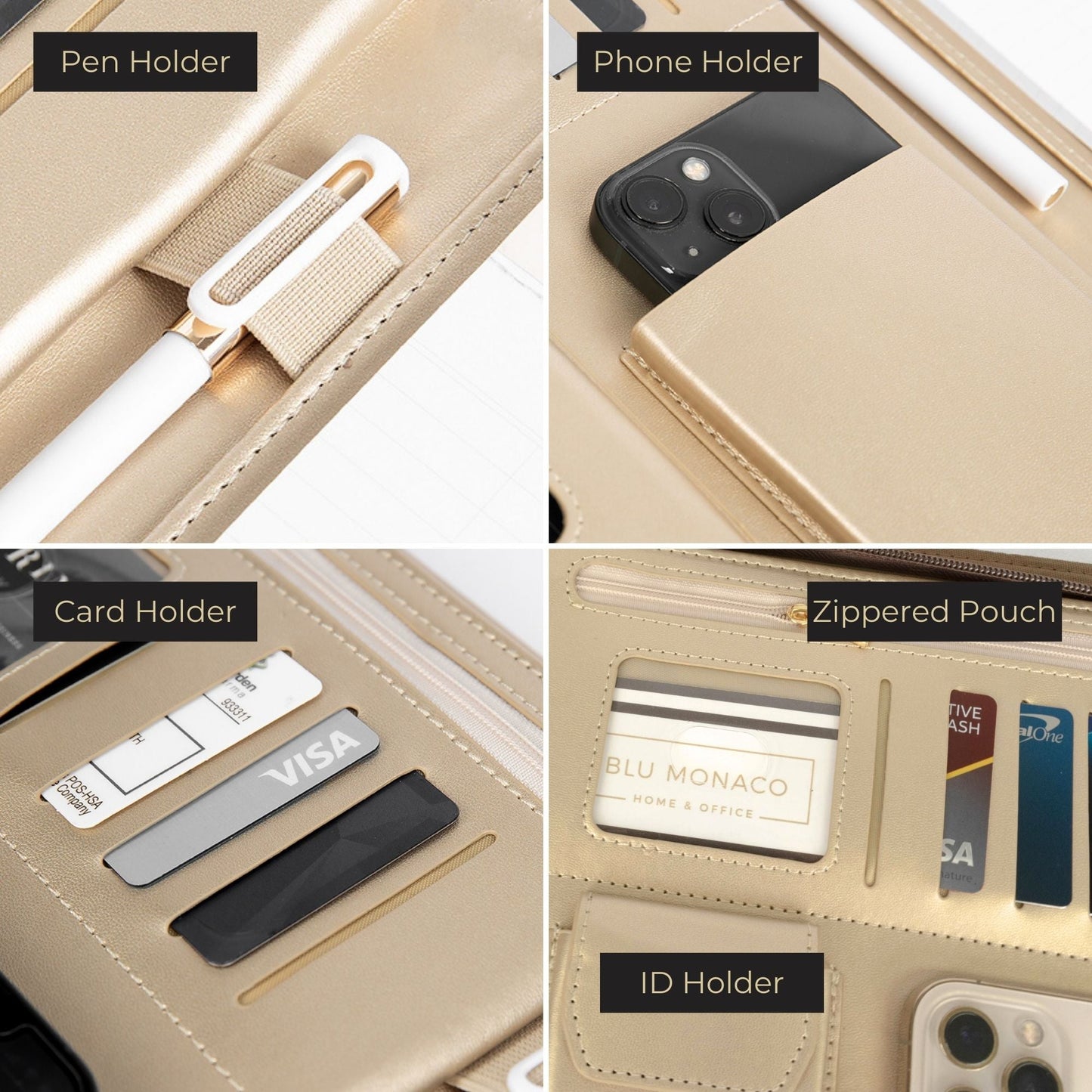 BLU MONACO Brown Vegan Leather Portfolio Binder for Women - Professional Padfolio Work Organizer with Gold Trim, Zippered Business Case for Documents