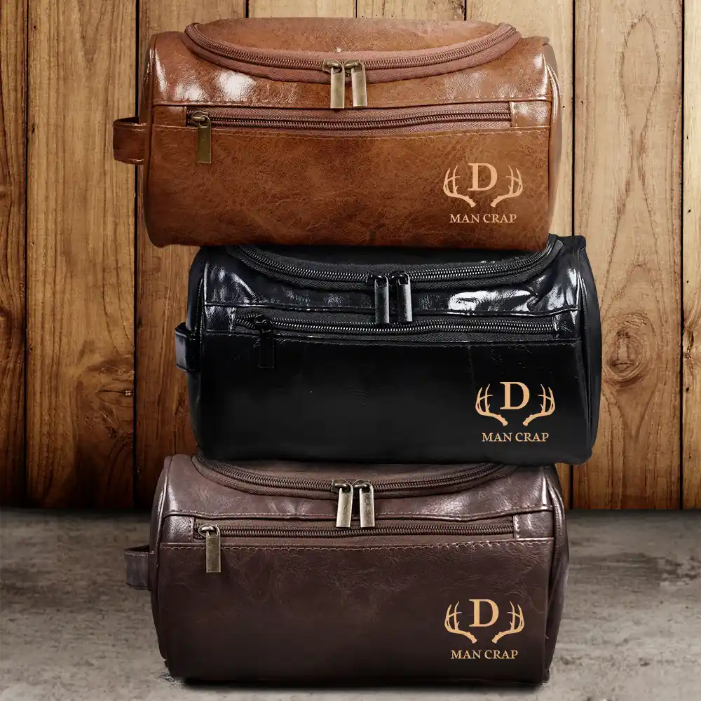 Man Crap Man Stuff Monogram - Personalized Leather Toiletry Bag