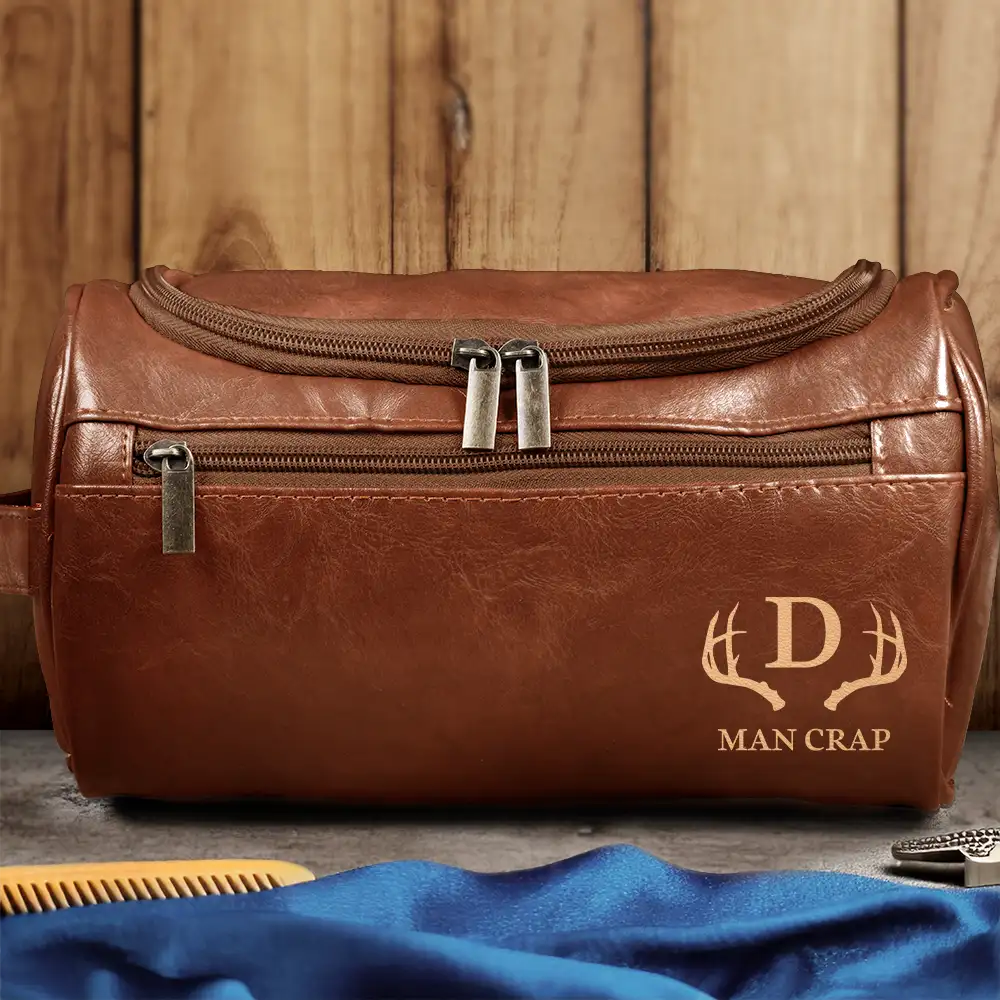 Man Crap Man Stuff Monogram - Personalized Leather Toiletry Bag