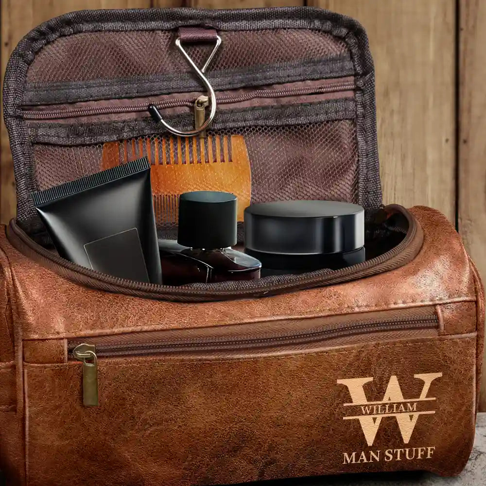 Man Crap Man Stuff Monogram - Personalized Leather Toiletry Bag