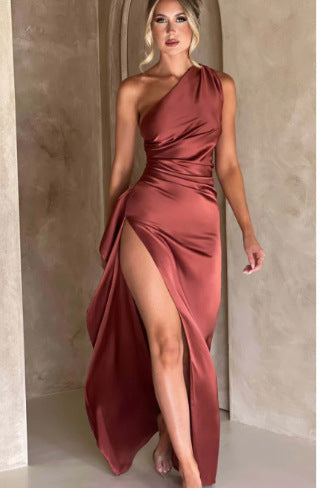 One Shoulder Satin High Split Dress